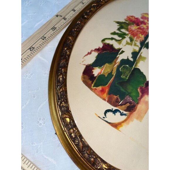 Vintage Oval Floral Watercolor Flower Pots on Steps In Ornate Gold Frame - Picture 9 of 12